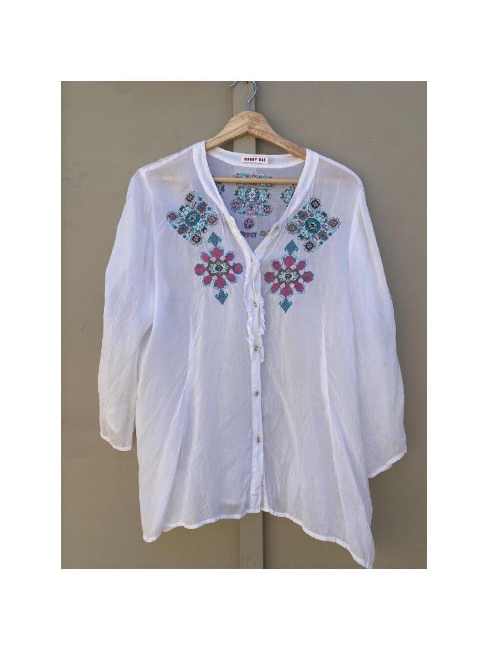 Johnny Was Blouse Geometric Pattern Top White Rayon